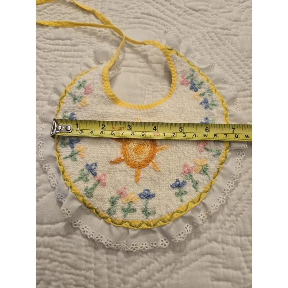 Vintage BABY BIB Embroidered Sun Flowers On Terry Cloth Eyelet Lace Ruffle